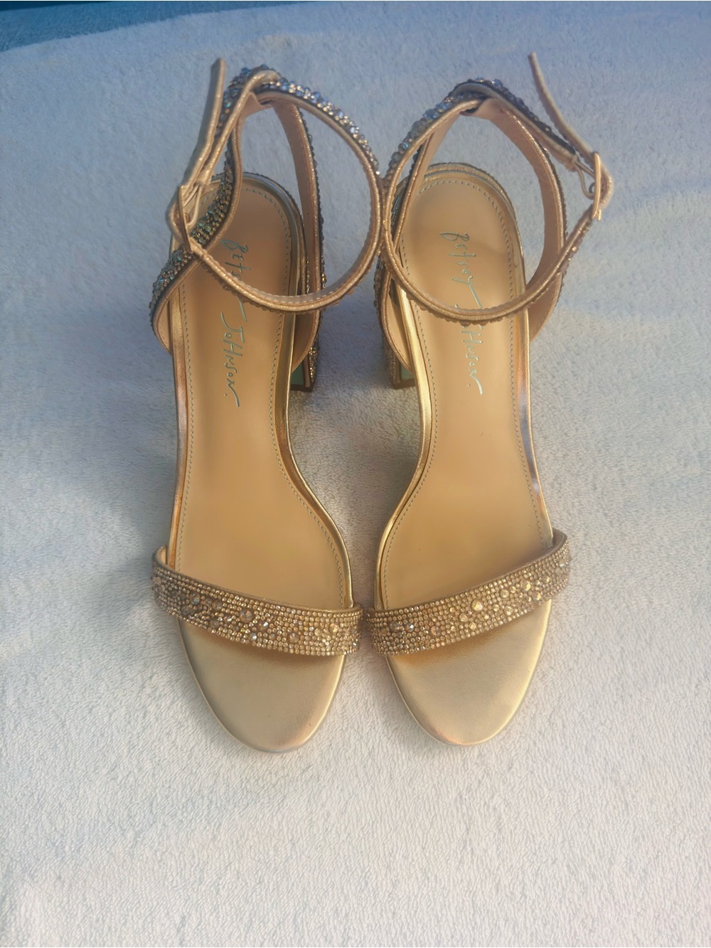Betsey Johnson Gold Crystal Block Heel Sandals - Size 9 - Sample Floor